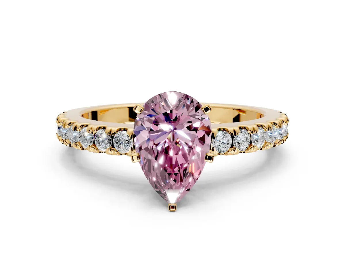 Solitaire Engagement Ring Setting for Fancy Pink Pear-Shaped Center with Single Row Accent Band and Prong Head in Yellow Gold