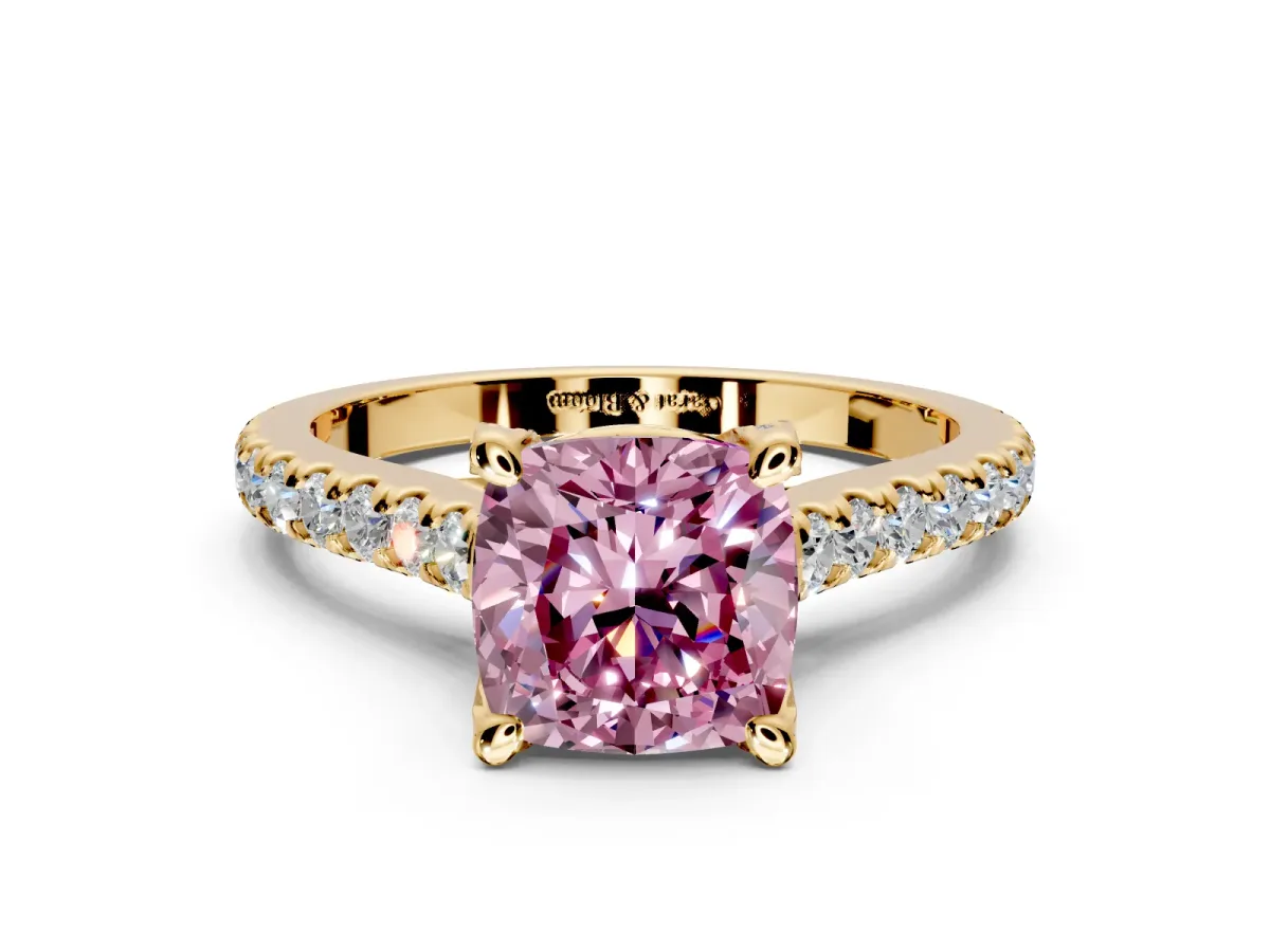 Solitaire Engagement Ring Setting for Fancy Pink Cushion Cut Center with Widening Pave Band and Claw Prong Head in Yellow Gold