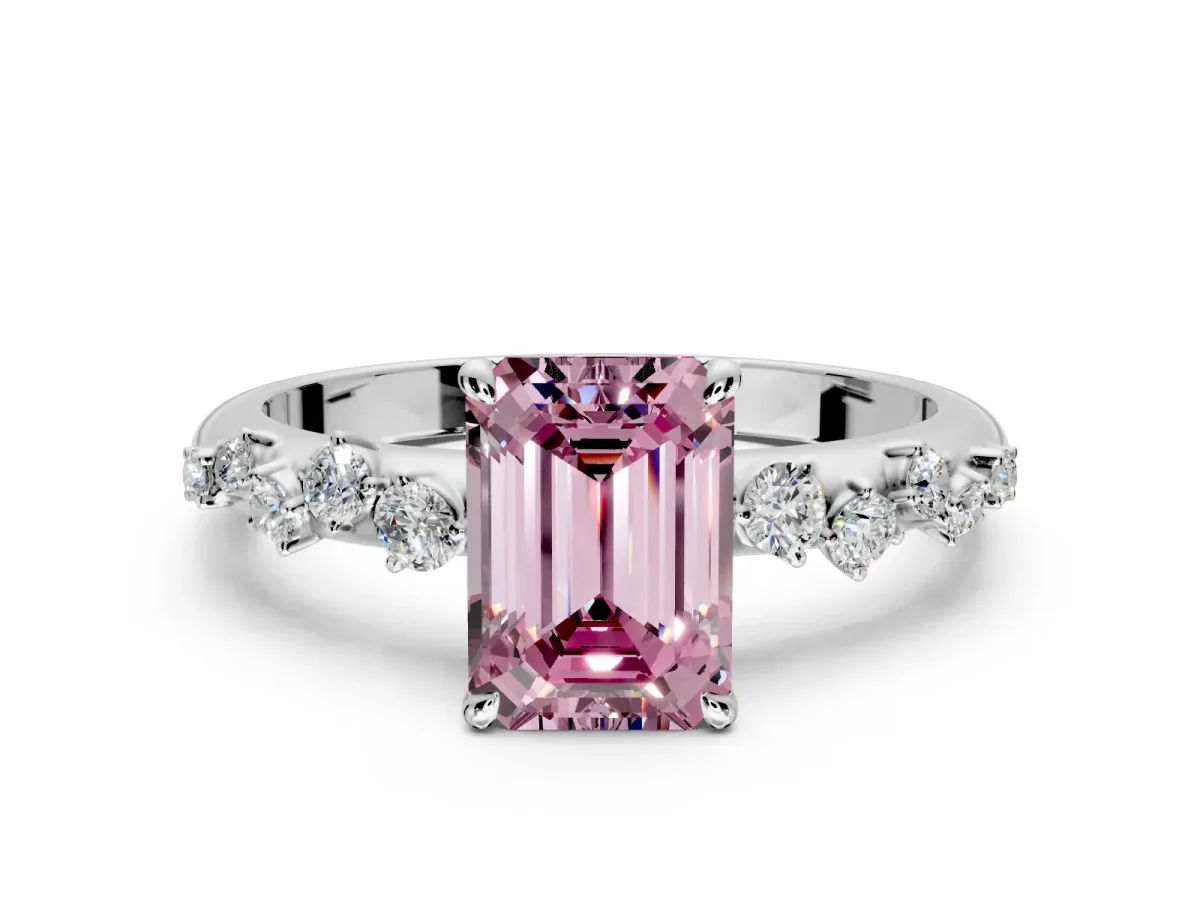 Cluster Engagement Ring Setting for Fancy Pink Emerald Cut Center with Round Cut Accent Band and Prong Head in Sterling Silver