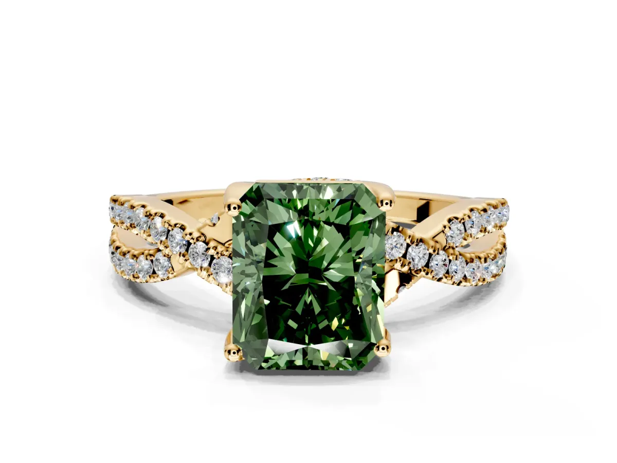 Solitaire Engagement Ring Setting for Fancy Green Radiant Cut Center with Narrow Twist Pave Band and Prong Head in Yellow Gold