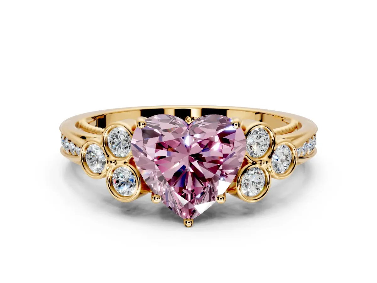 Cluster Engagement Ring Setting for Fancy Pink Heart-Shaped Center with Bezel Accent Clusters and Prong Head in Yellow Gold