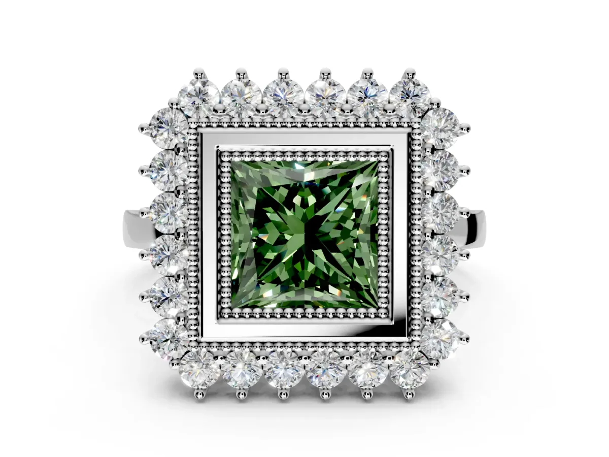 Halo Engagement Ring Setting for Fancy Green Princess Cut Center with Milgrain Bezel Rim, Plain Band and Prong Head in White Gold
