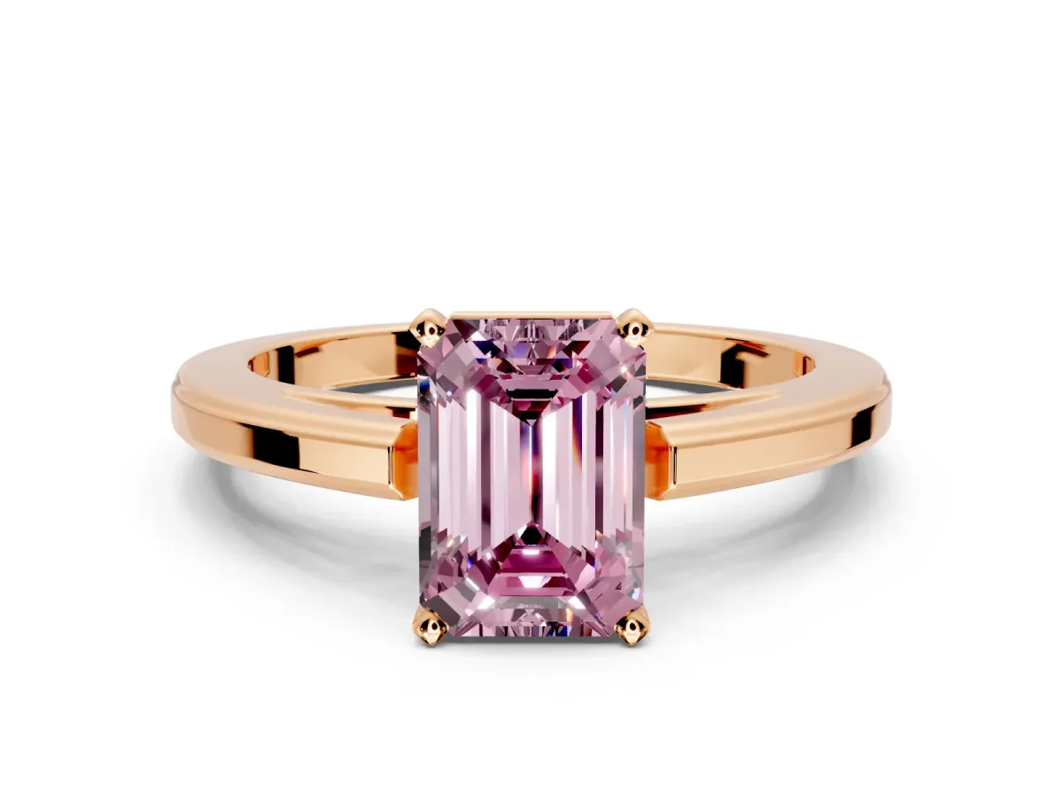 Solitaire Engagement Ring Setting for Fancy Pink Emerald Cut Center with Flat-Sided Plain Band and Prong Head in Rose Gold