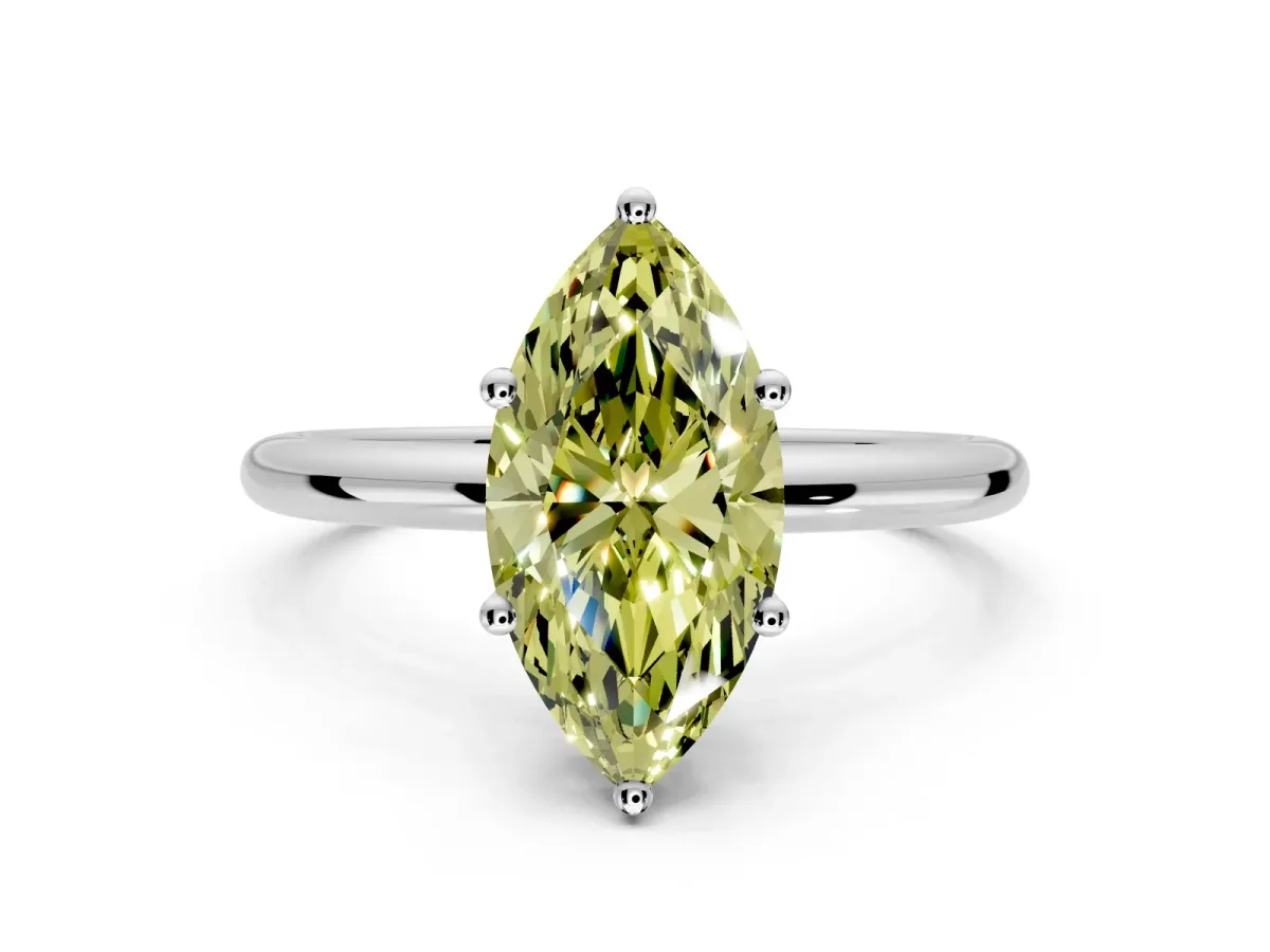Hidden Halo Engagement Ring Setting for Fancy Yellow Marquise Center with Thin Round-Wire Band and Prong Head in Platinum