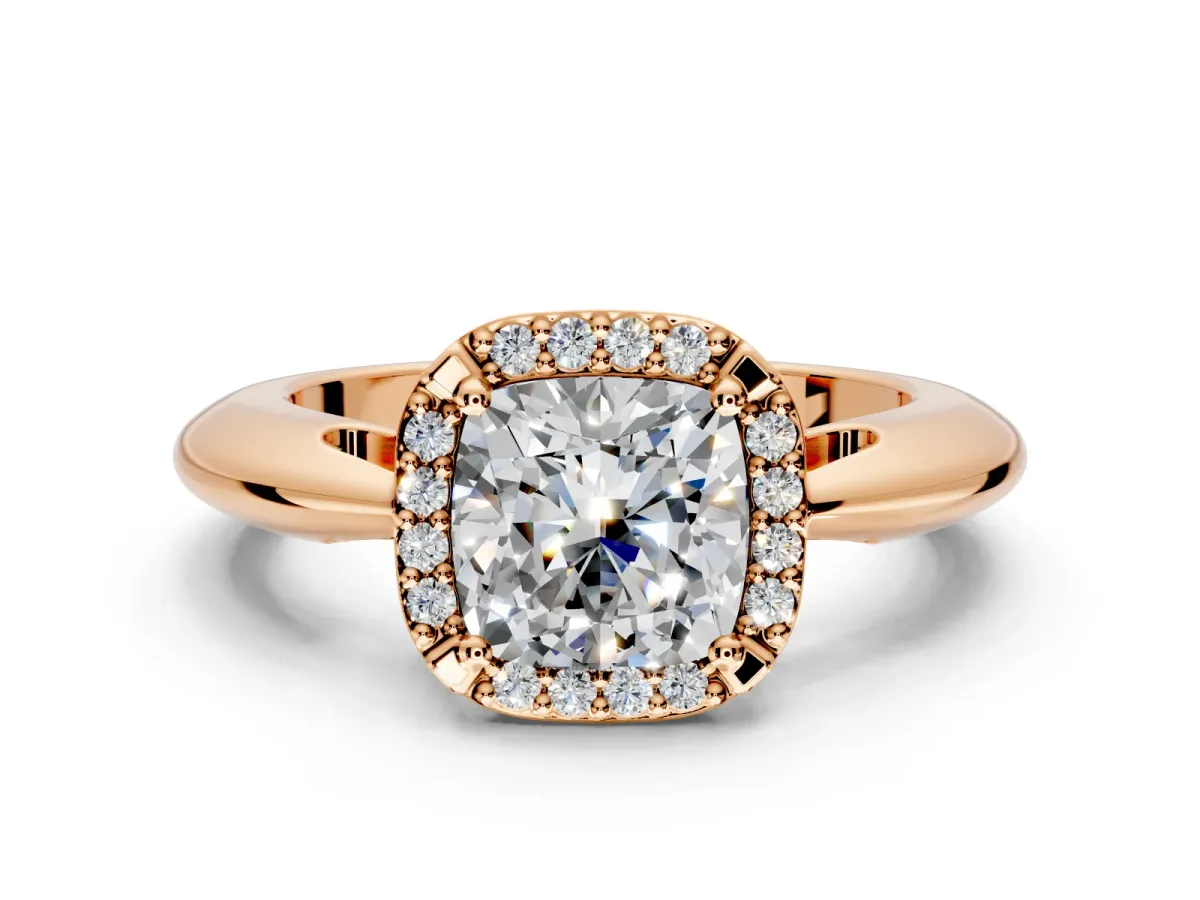 Halo Engagement Ring Setting for Cushion Cut Center with Tapered Plain Band and Prong Head in Rose Gold