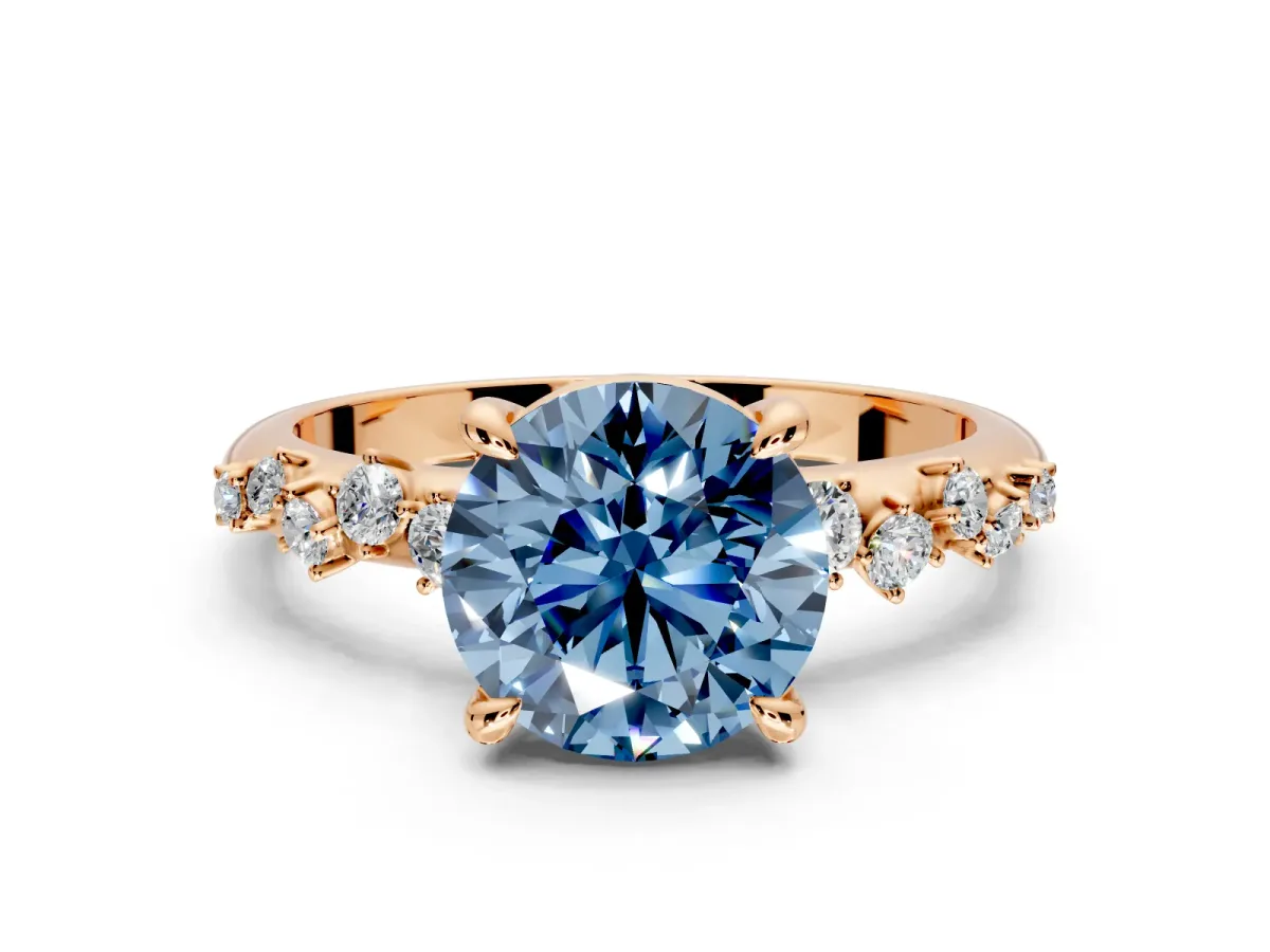 Solitaire Engagement Ring Setting for Fancy Blue Round Cut Center with Trailing Leaf Accent Band and Prong Head in Rose Gold