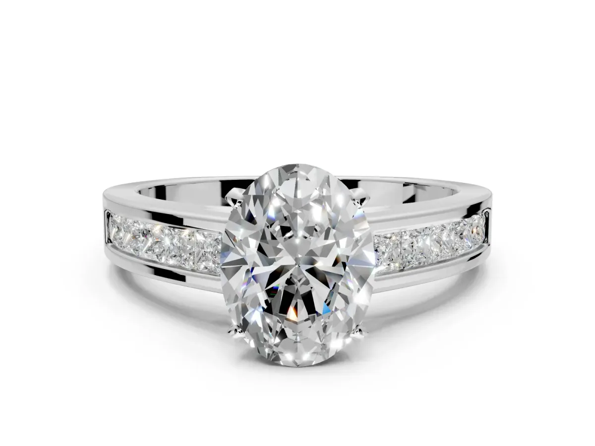 Solitaire Engagement Ring Setting for Oval Center with Princess Cut Channel Band and Prong Head in White Gold