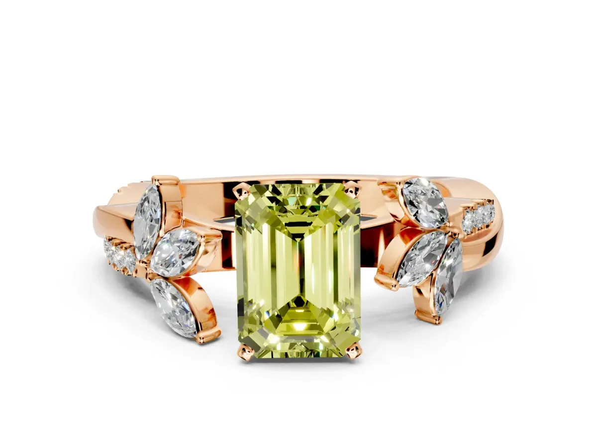 Floral Engagement Ring Setting for Fancy Yellow Emerald Cut Center with Trailing Marquise Accents and Prong Head in Rose Gold