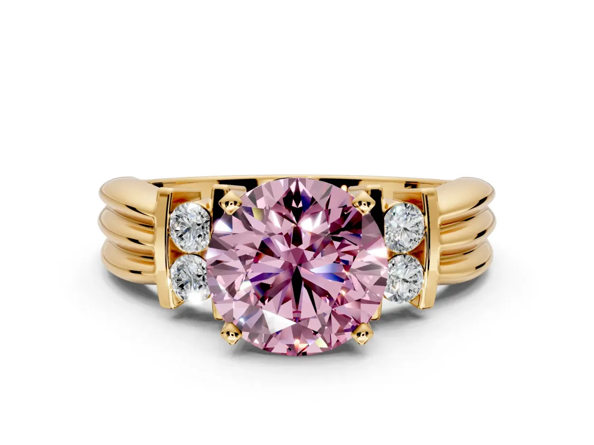 Solitaire Engagement Ring Setting for Fancy Pink Round Cut Center with Grooved Bar Accent Band and Prong Head in Yellow Gold