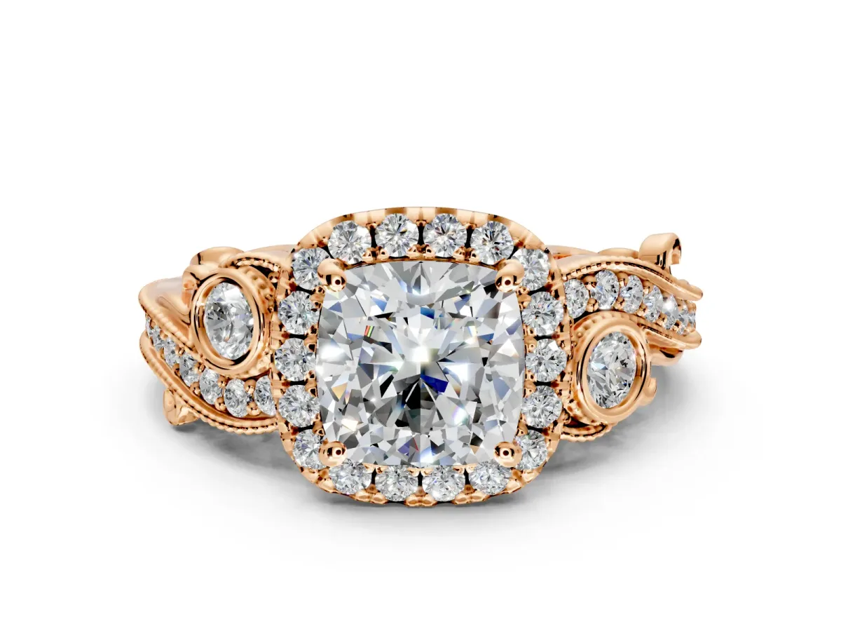 Milgrain Halo Engagement Ring Setting for Cushion Cut Center with Shoulder Bezels and Prong Head in Rose Gold