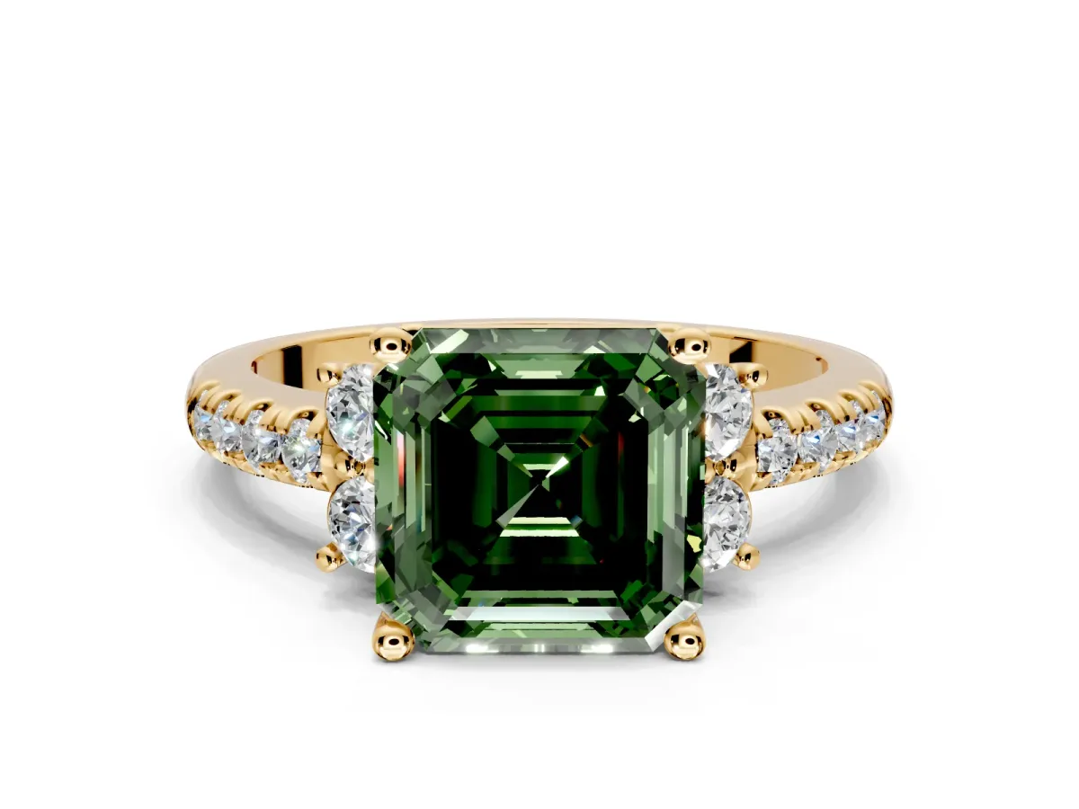 Paired Accent Engagement Ring Setting for Fancy Green Asscher Cut Center with Pave Band and Prong Head in Yellow Gold