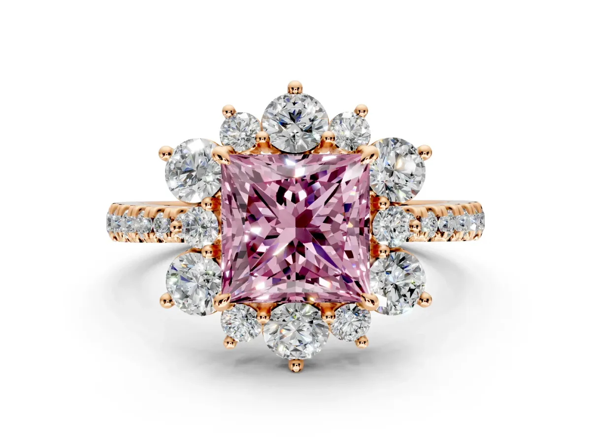 Floral Halo Engagement Ring Setting for Fancy Pink Princess Cut Center with Pave Accents and Prong Head in Rose Gold