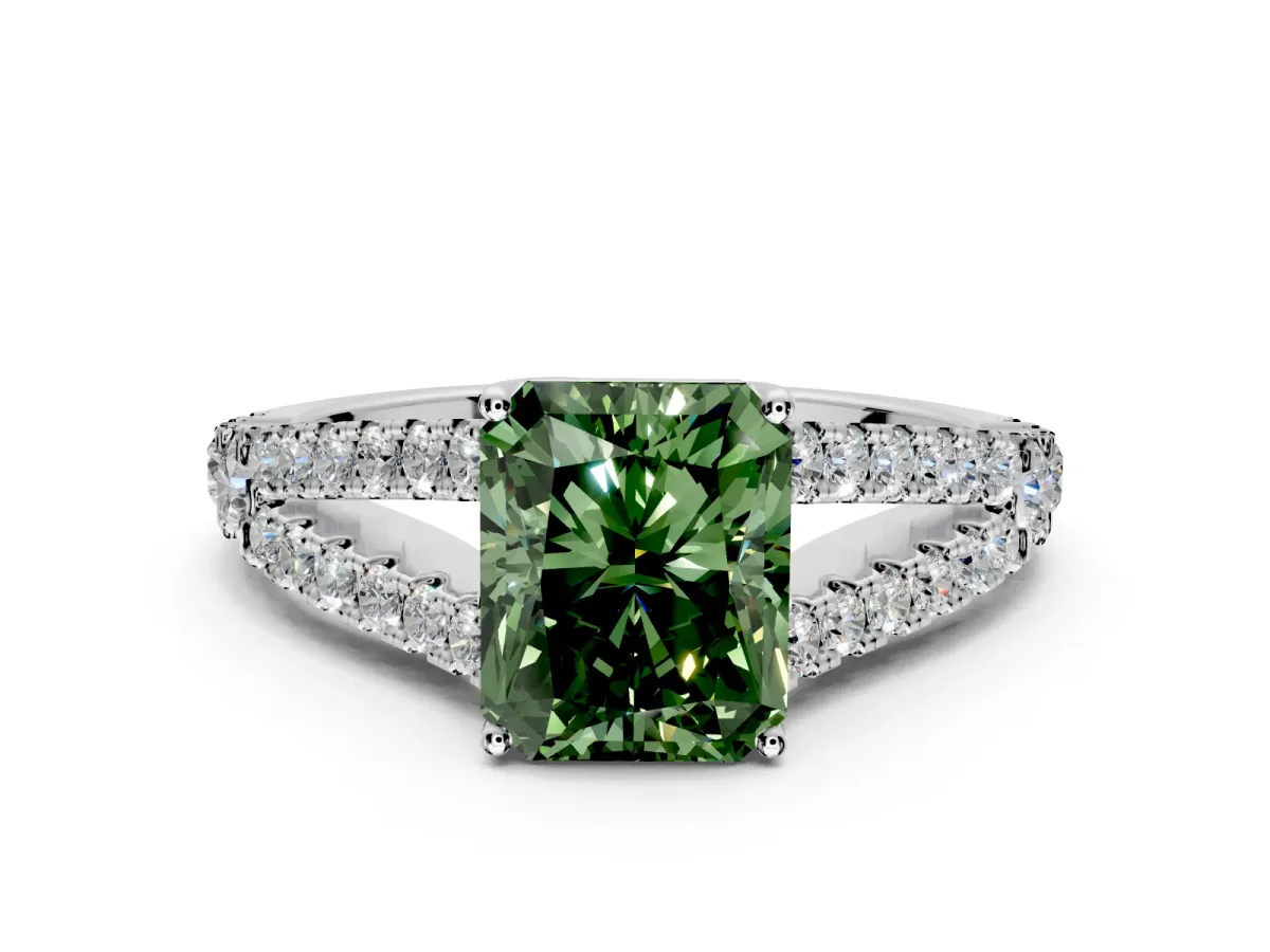 Solitaire Engagement Ring Setting for Fancy Green Radiant Cut Center with Pave Split Shank and Prong Head in White Gold