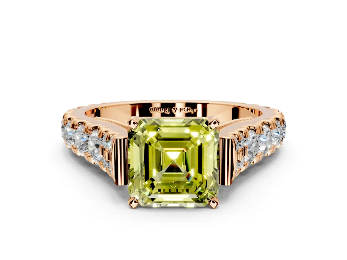 Solitaire Engagement Ring Setting for Fancy Yellow Asscher Cut Center with Pave Cathedral Shoulders and Prong Head in Rose Gold
