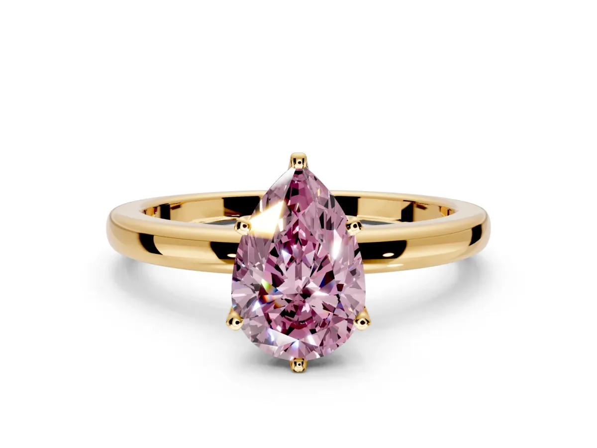 Solitaire Engagement Ring Setting for Fancy Pink Pear-Shaped Center with Plain Band and Tulip Prong Head in Yellow Gold