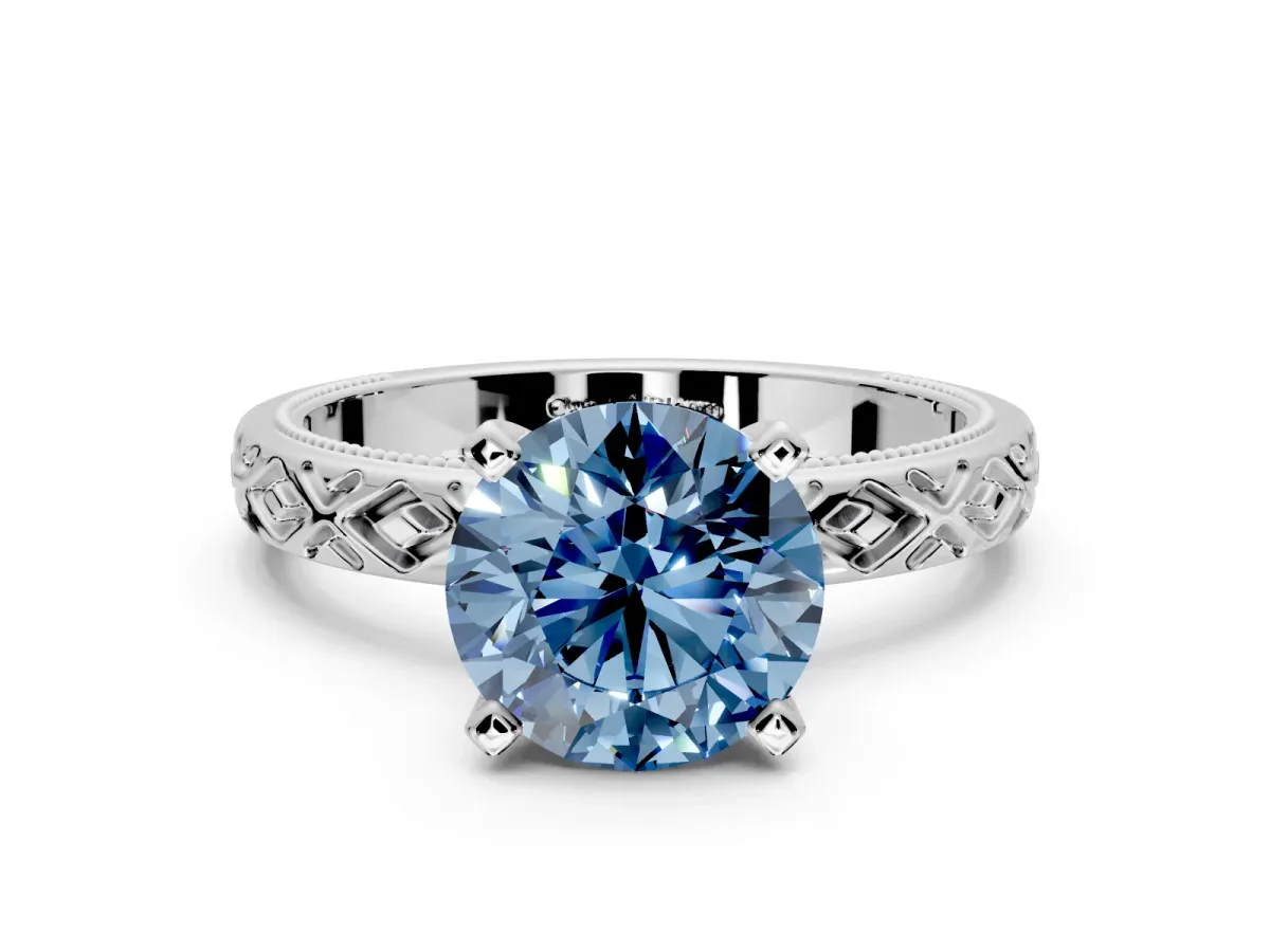 Solitaire Engagement Ring Setting for Fancy Blue Round Cut Center with Milgrain X Pattern Band and Prong Head in White Gold