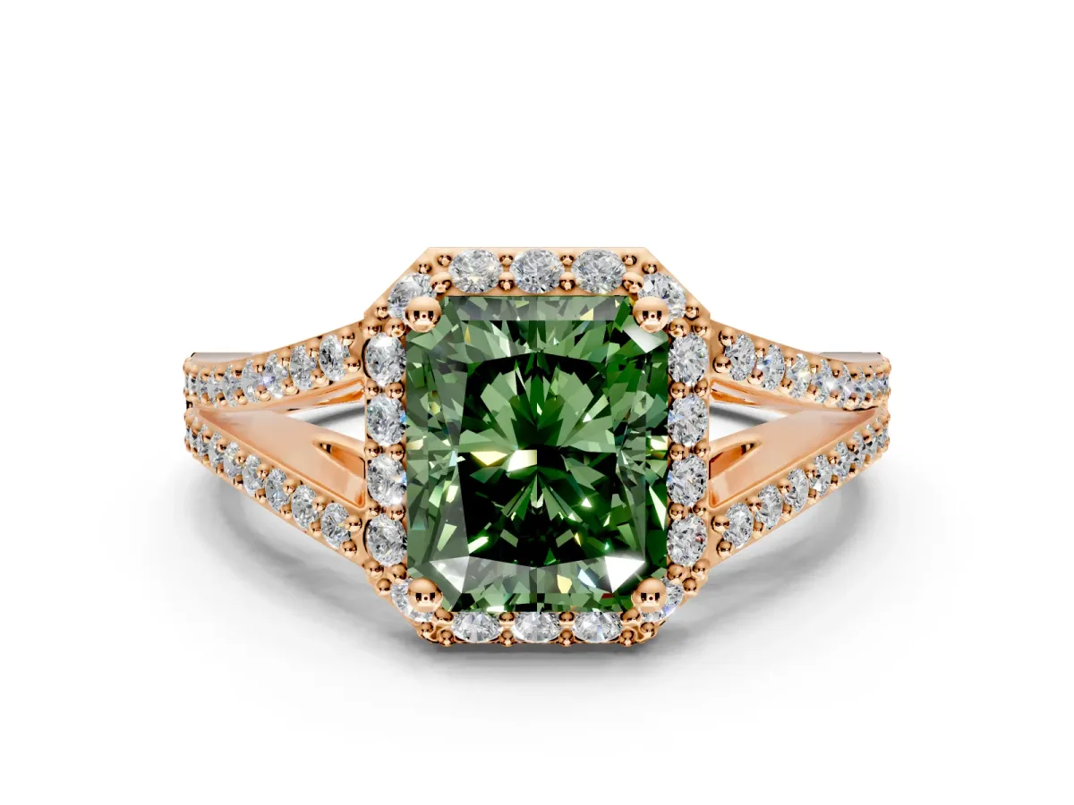 Halo Engagement Ring Setting for Fancy Green Radiant Cut Center with Pave Split Shank and Prong Head in Rose Gold