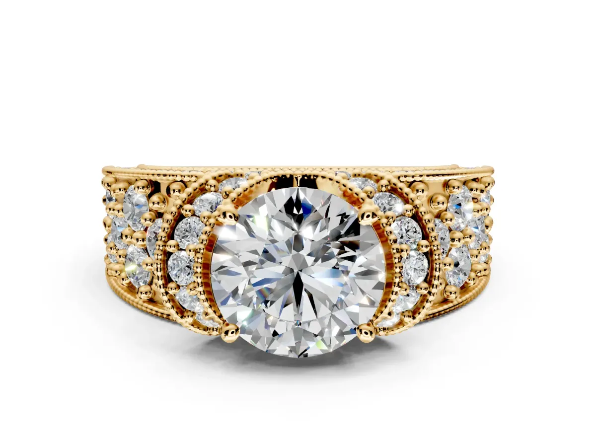 Pave Engagement Ring Setting for Round Cut Center with Curved Accent Rows, Openwork and Prong Head in Yellow Gold