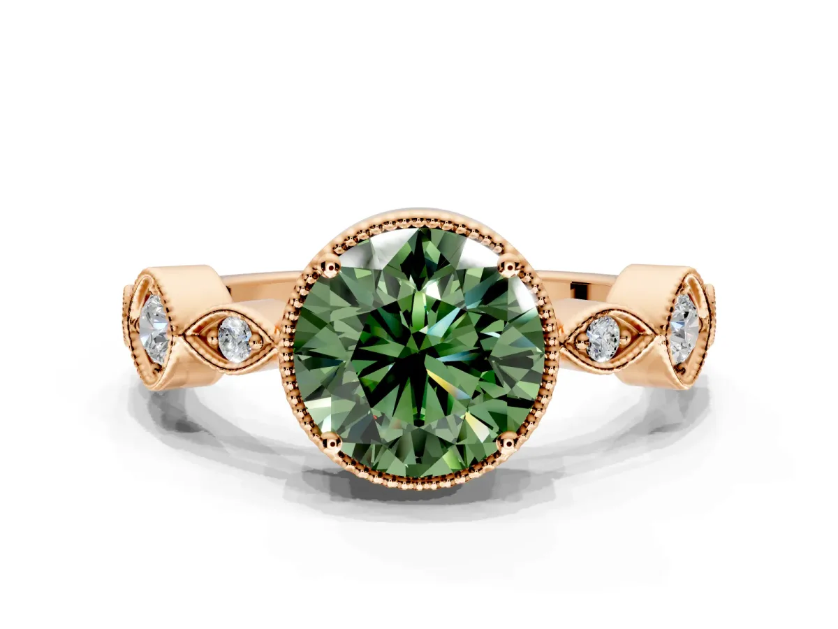 Vintage Station Engagement Ring Setting for Fancy Green Round Cut Center with Accents and Prong Head in Rose Gold