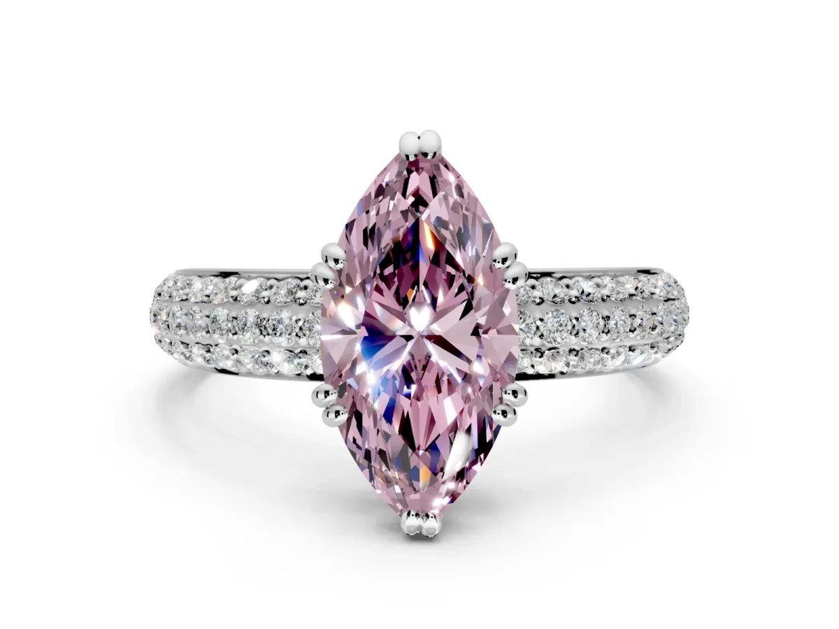 Solitaire Engagement Ring Setting for Fancy Pink Marquise Center with Multi-Row Pave Accents and Basket Head in Sterling Silver
