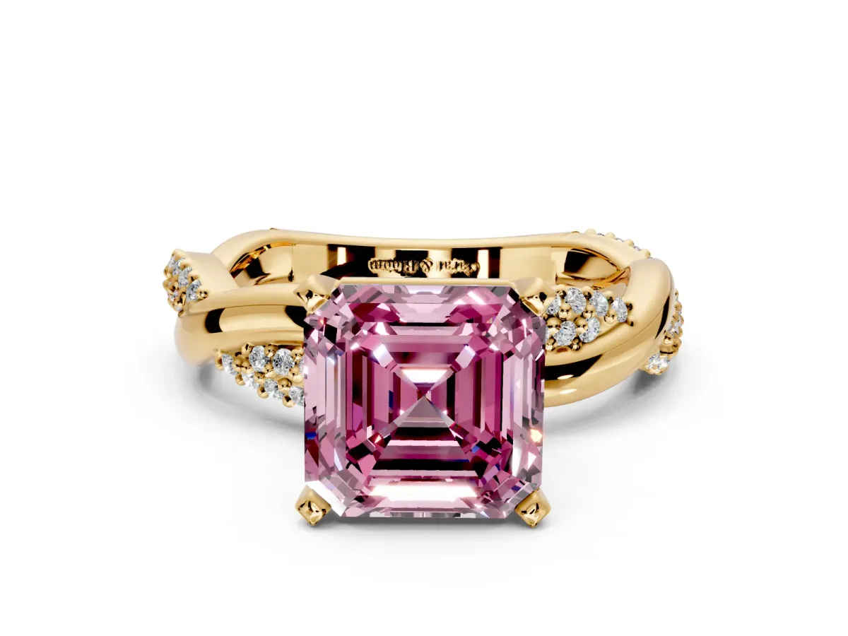 Solitaire Engagement Ring Setting for Fancy Pink Asscher Cut Center with Pave and Plain Crossover and Basket Head in Yellow Gold