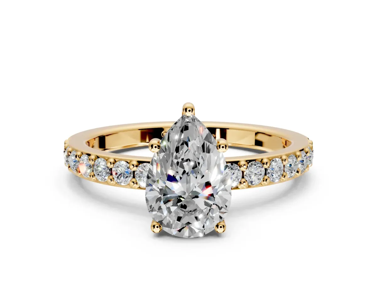 Solitaire Engagement Ring Setting for Pear-Shaped Center with Round Cut Pave Band and Prong Head in Yellow Gold