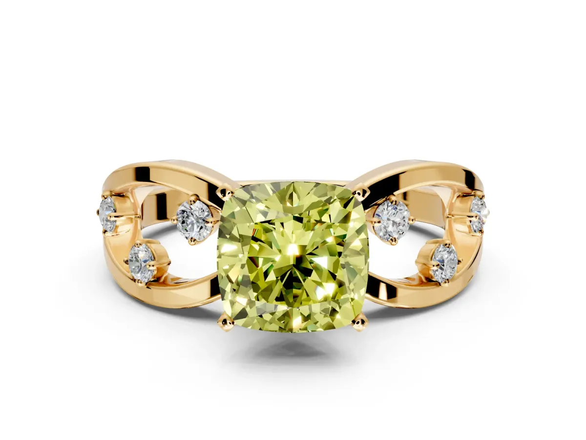 Solitaire Engagement Ring Setting for Fancy Yellow Cushion Cut Center with Criss-Cross Accent Band and Prong Head in Yellow Gold