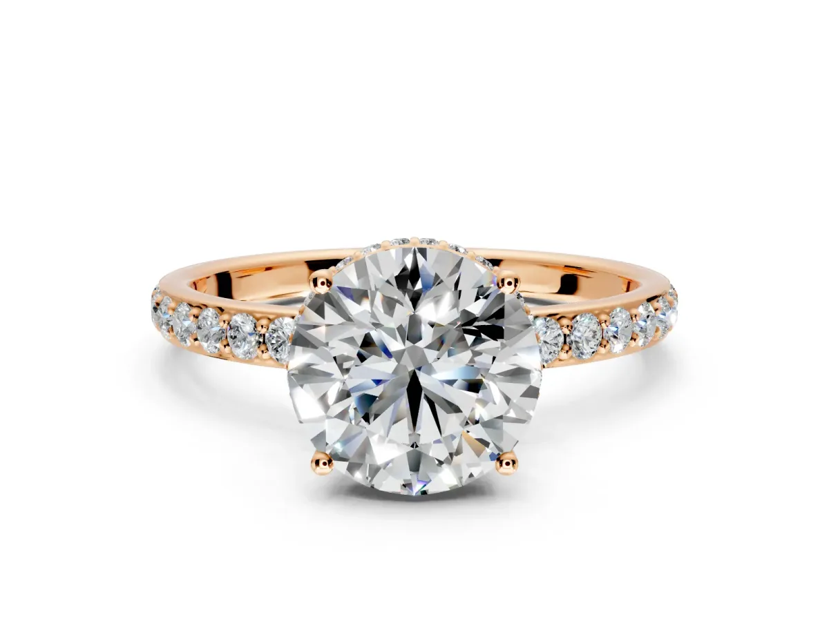 Hidden Halo Engagement Ring Setting for Round Cut Center with Pave Band and Prong Head in Rose Gold