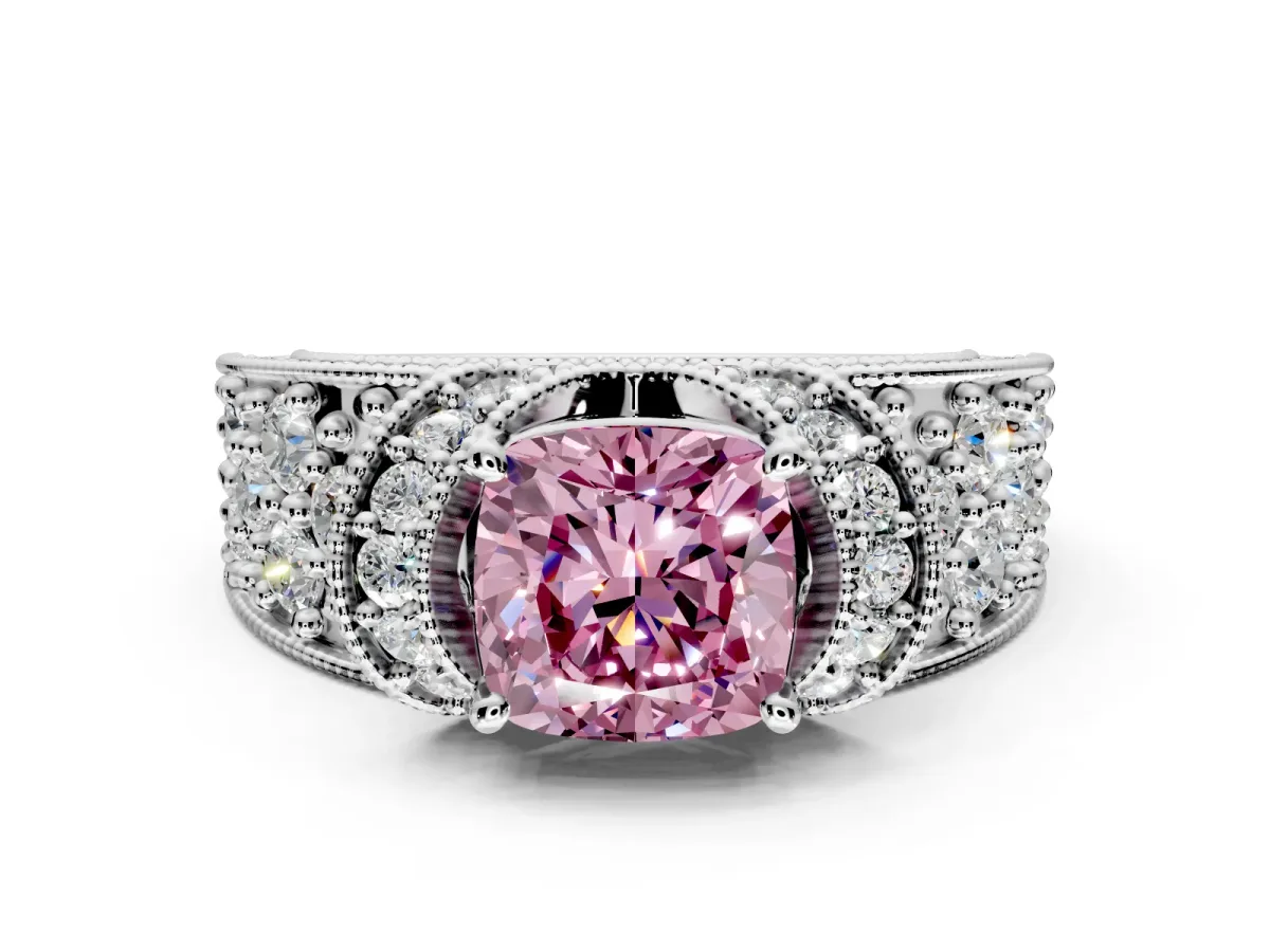 Pave Engagement Ring Setting for Fancy Pink Cushion Cut Center with Curved Accent Rows, Openwork and Prong Head in Platinum