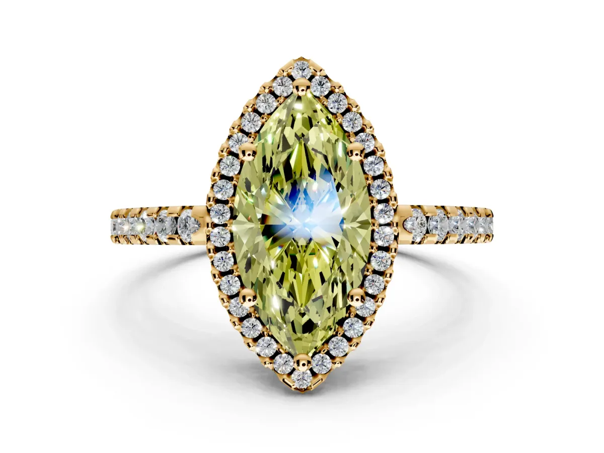 Accent Halo Engagement Ring Setting for Fancy Yellow Marquise Center with Full-Length Pave Band and Prong Head in Yellow Gold