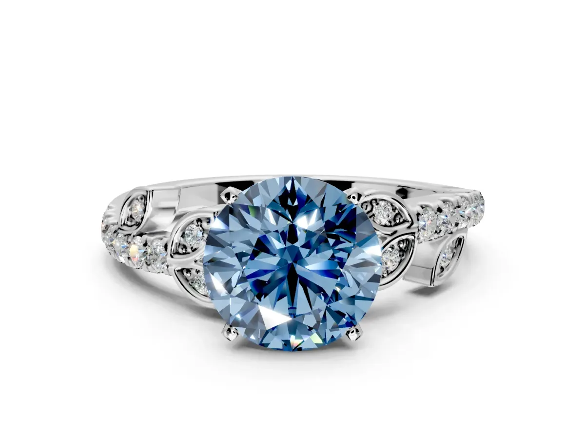Leaf Motif Engagement Ring Setting for Fancy Blue Round Cut Center with Pave Band and Prong Head in Platinum
