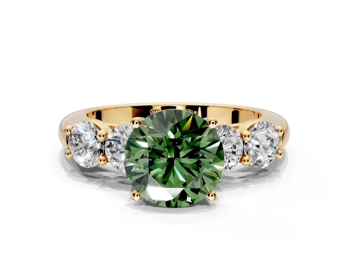 5 Stone Engagement Ring Setting for Fancy Green Round Cut Center with Graduated Accents and Prong Head in Yellow Gold