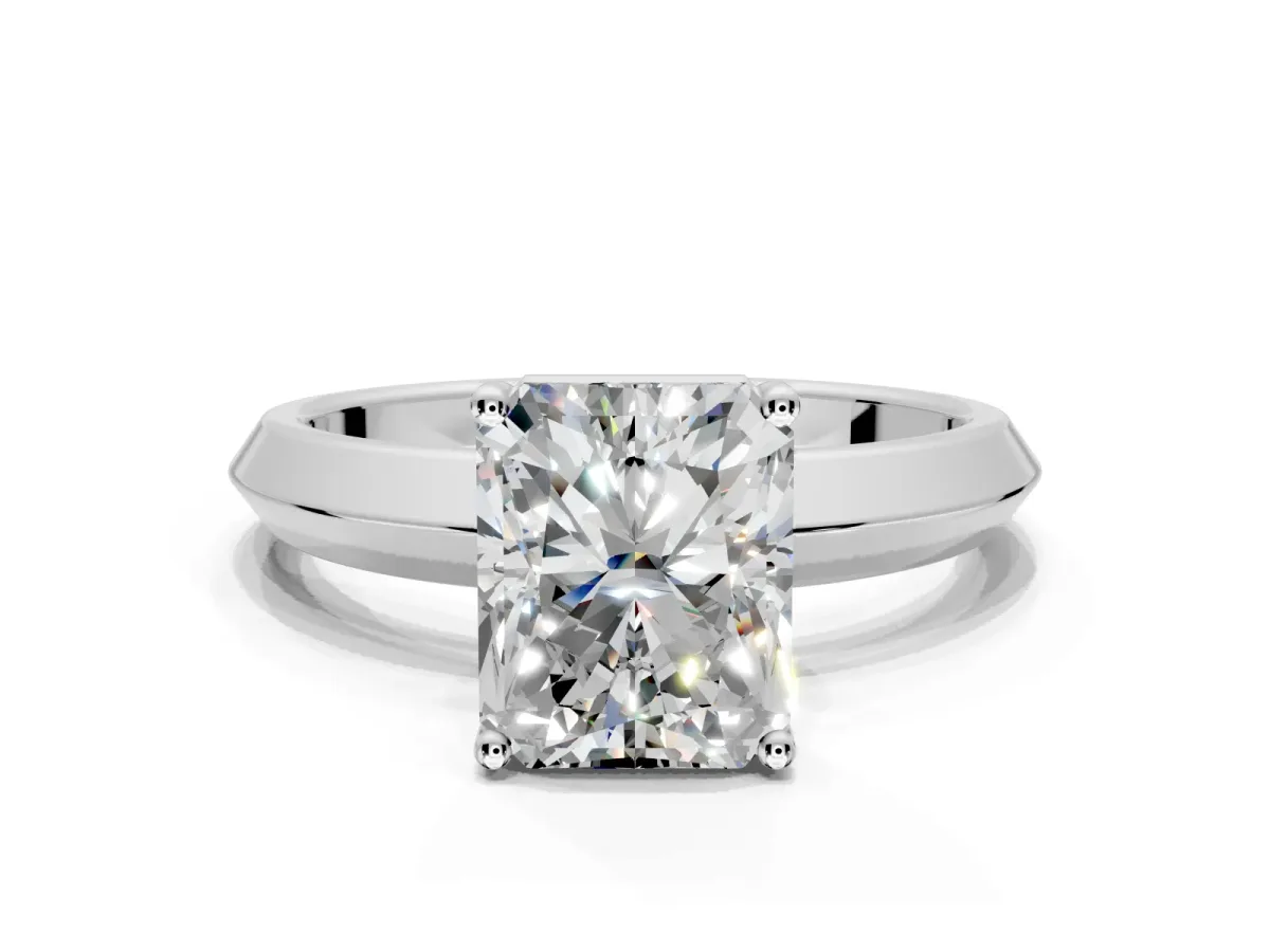 Solitaire Engagement Ring Setting for Radiant Cut Center with Wide Knife Ridge Band and Prong Head in Platinum