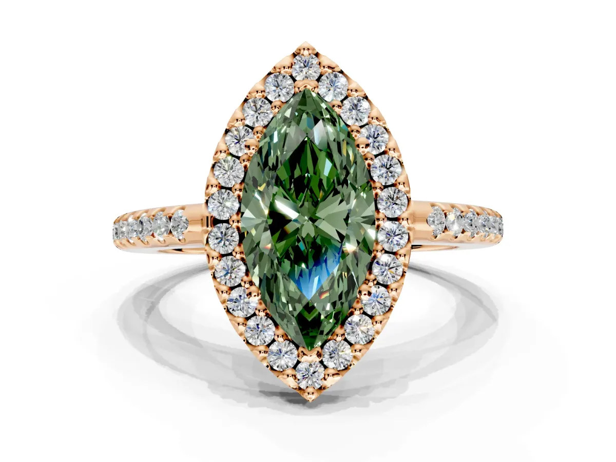 Pave Halo Engagement Ring Setting for Fancy Green Marquise Center with Single Row Pave Band and Prong Head in Rose Gold