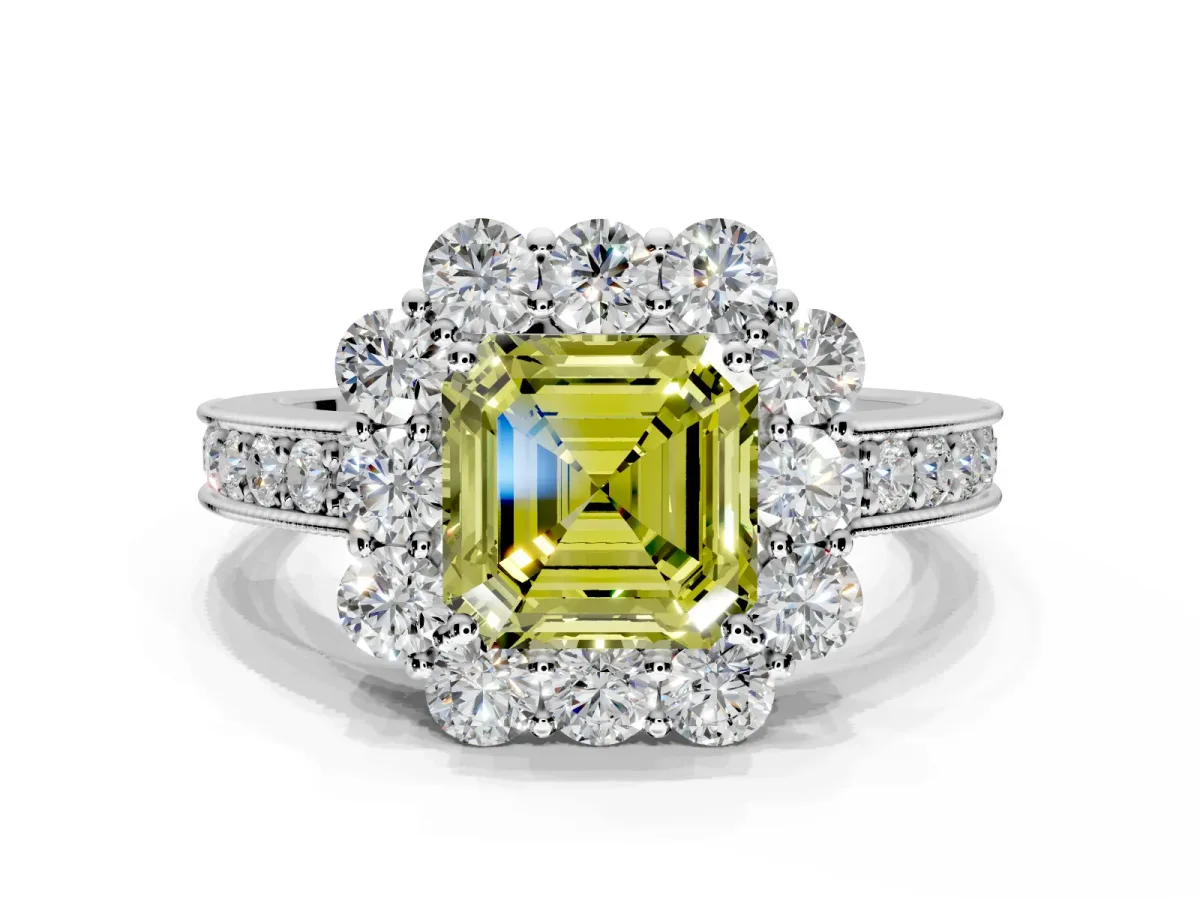 Halo Engagement Ring Setting for Fancy Yellow Asscher Cut Center with Milgrain Channel Band and Prong Head in White Gold