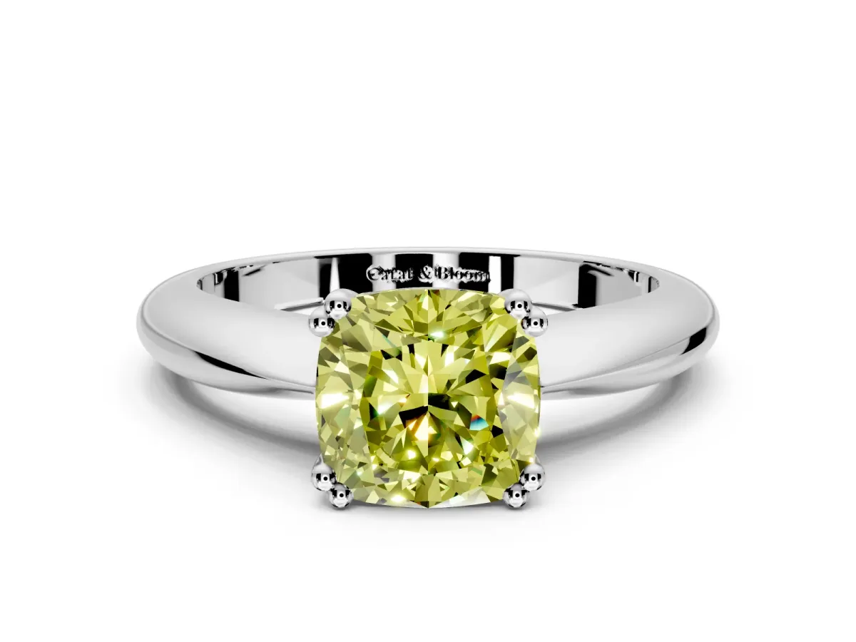 Solitaire Engagement Ring Setting for Fancy Yellow Cushion Cut Center with Reverse Tapered Band and Prong Head in Platinum