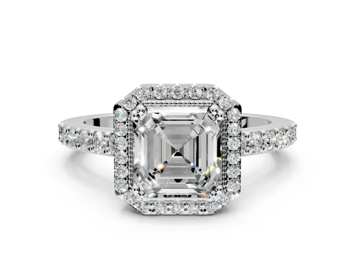 Halo Engagement Ring Setting for Asscher Cut Center with Inner Milgrain Border and Prong Head in Platinum