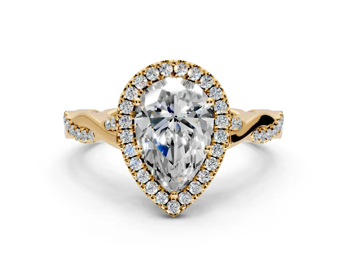 Halo Engagement Ring Setting for Pear-Shaped Center with Twist Band and Prong Head in Yellow Gold