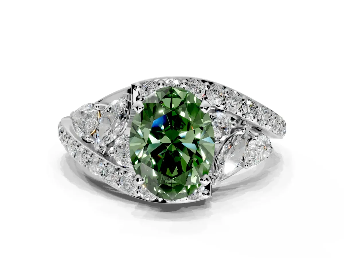 Halo Engagement Ring Setting for Fancy Green Oval Center with Marquise and Pave Bypass Band and Prong Head in Platinum