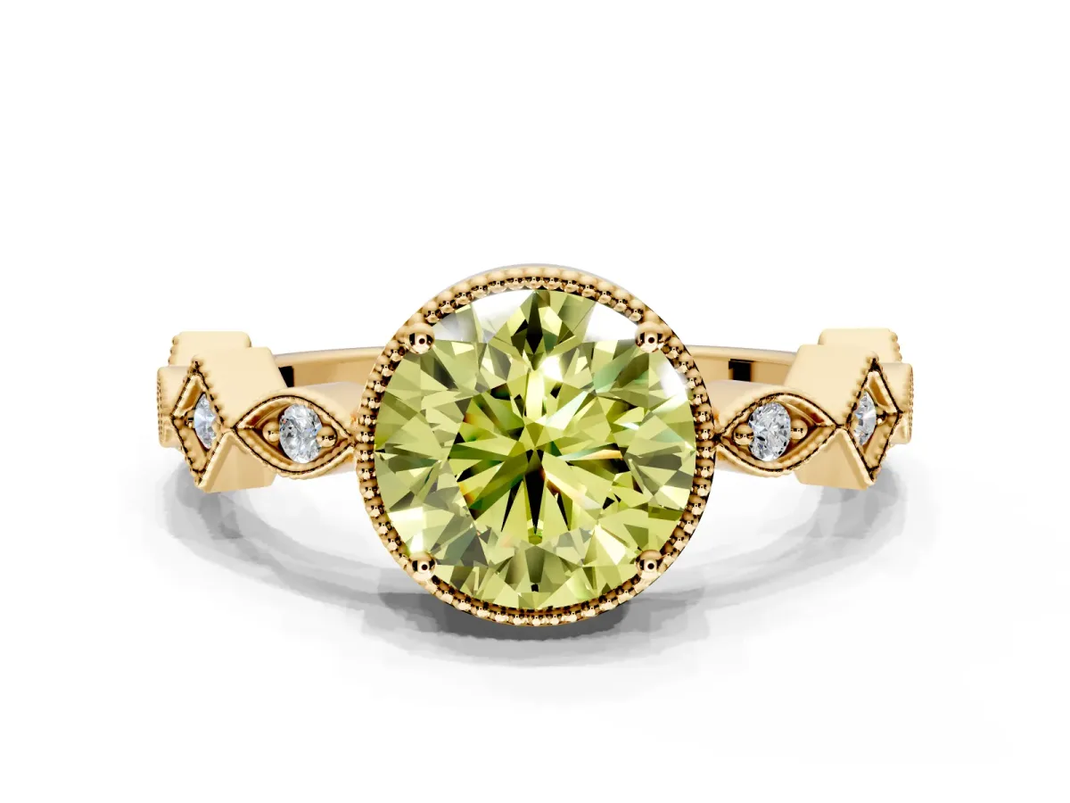 Milgrain Bezel Engagement Ring Setting for Fancy Yellow Round Cut Center with Marquise Stations and Bezel Head in Yellow Gold