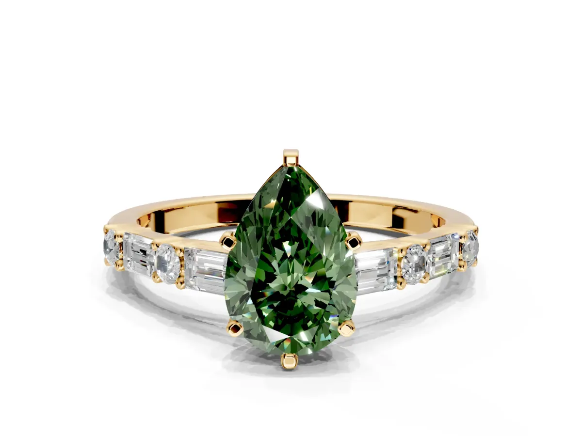Baguette Engagement Ring Setting for Fancy Green Pear-Shaped Center with Alternating Bar-Set Band and Prong Head in Yellow Gold
