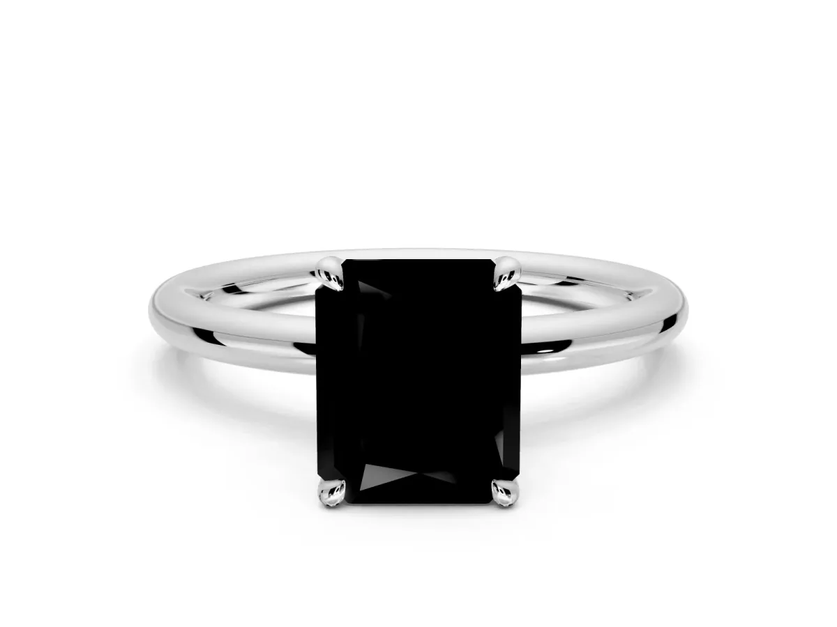 Hidden Halo Engagement Ring Setting for Fancy Black Radiant Cut Center with Thin Rounded Band and Prong Head in Sterling Silver