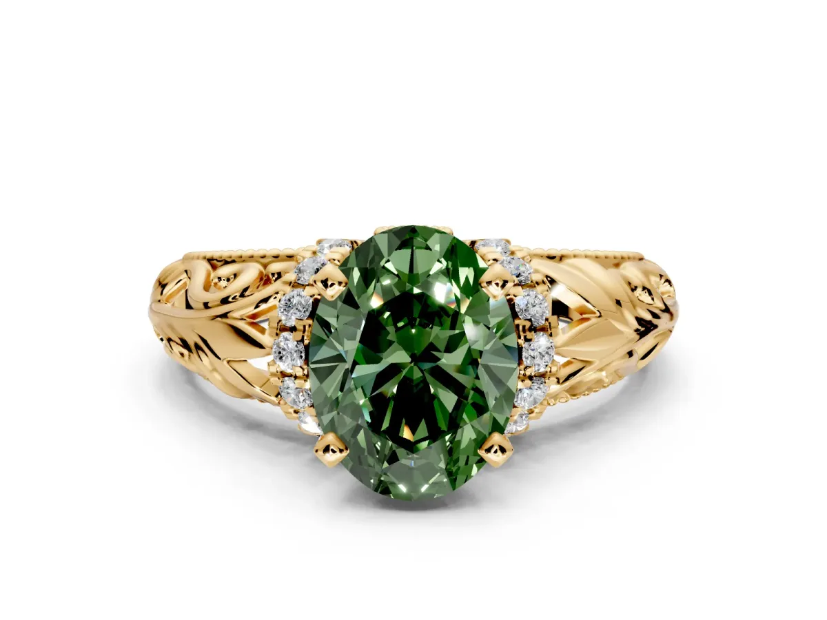 Solitaire Engagement Ring Setting for Fancy Green Oval Center with Filigree Accent Basket and Prong Head in Yellow Gold