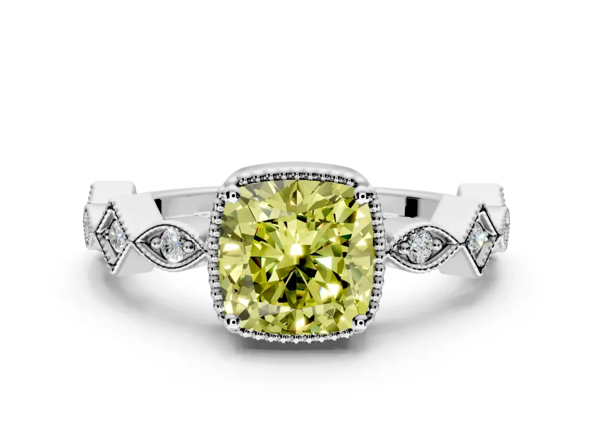 Milgrain Bezel Engagement Ring Setting for Fancy Yellow Cushion Cut Center with Marquise Stations and Bezel Head in Platinum