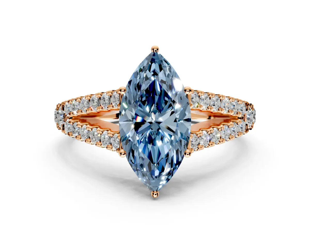 Solitaire Engagement Ring Setting for Fancy Blue Marquise Center with Pave Split Shank and Prong Head in Rose Gold