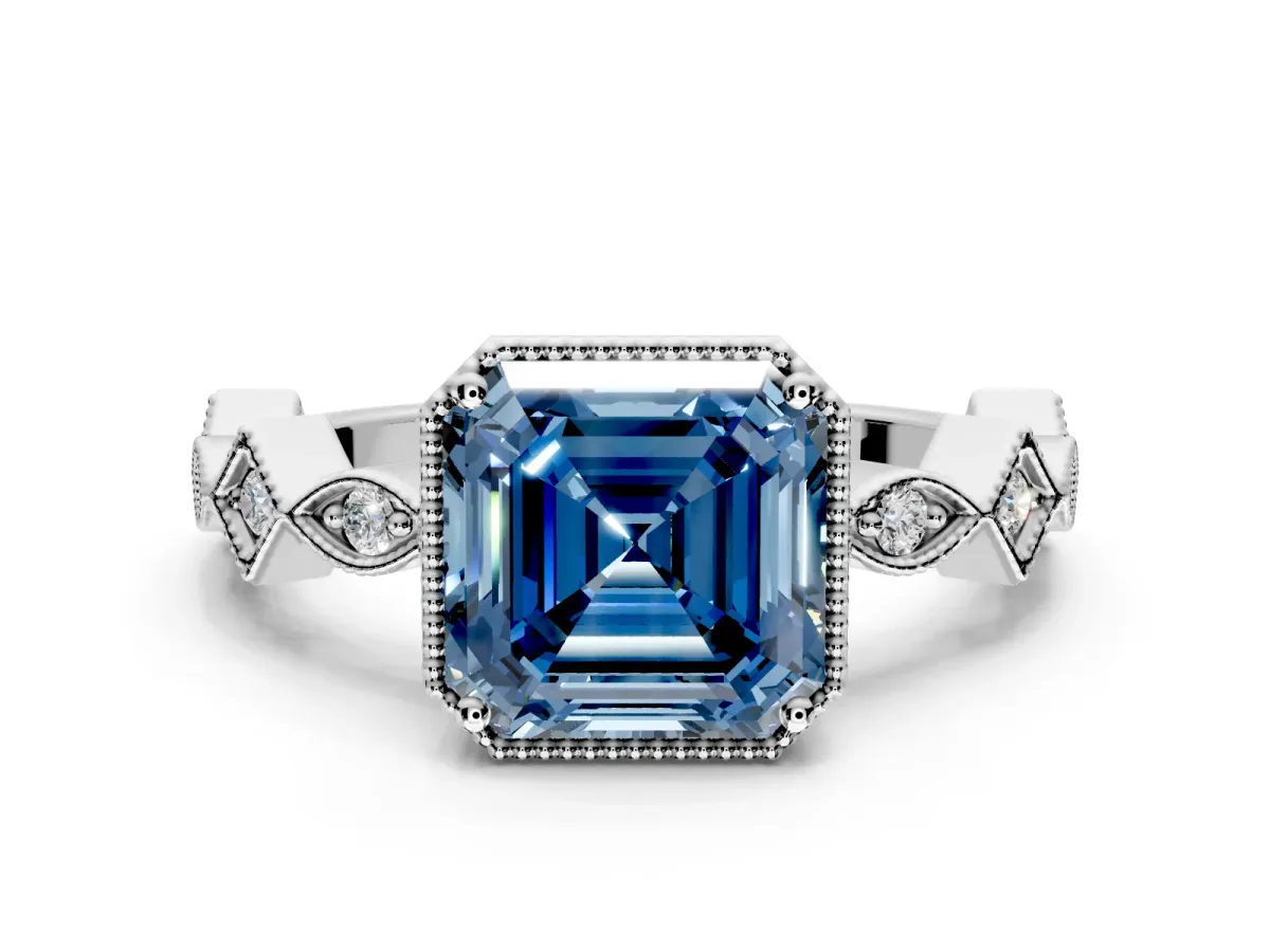Milgrain Bezel Engagement Ring Setting for Fancy Blue Asscher Cut Center with Marquise Stations and Bezel Head in Platinum