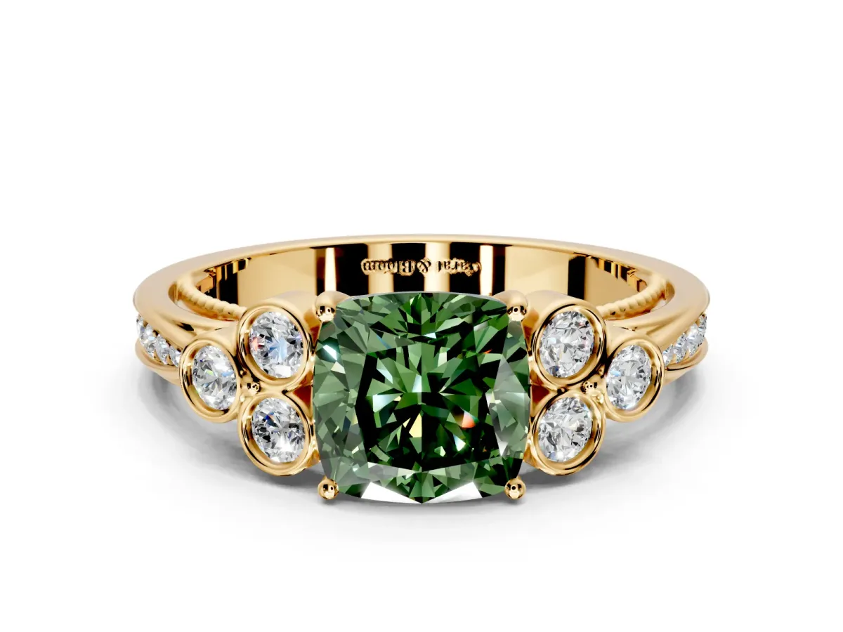 Cluster Engagement Ring Setting for Fancy Green Cushion Cut Center with Bezel Accent Clusters and Prong Head in Yellow Gold