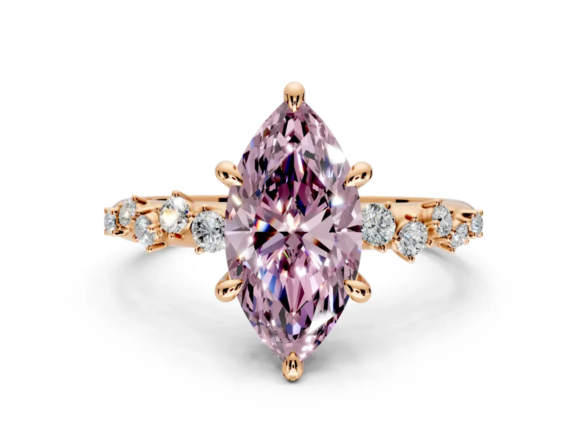 Solitaire Engagement Ring Setting for Fancy Pink Marquise Center with Trailing Leaf Accent Band and Prong Head in Rose Gold