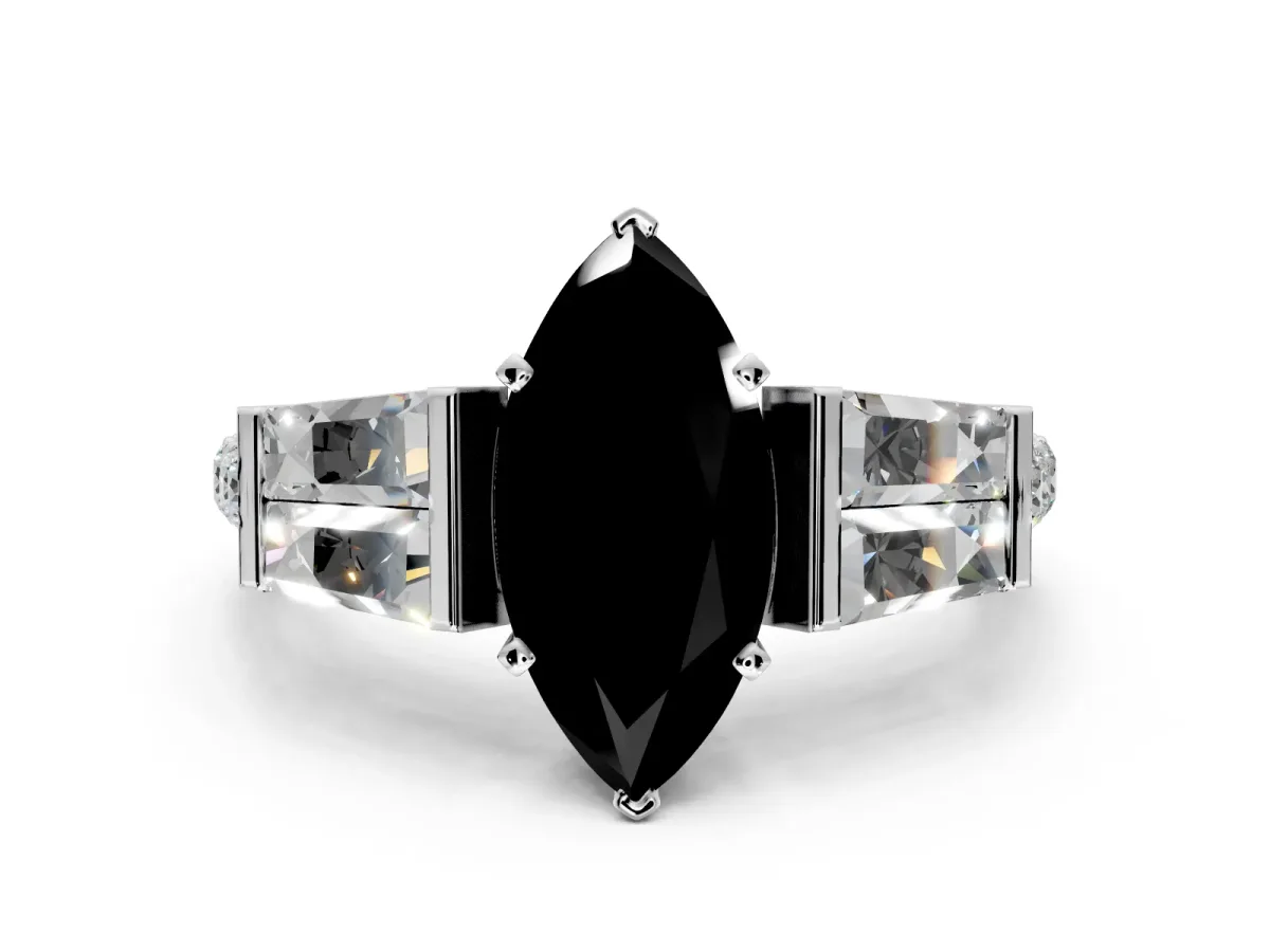 Channel-Set Engagement Ring Setting for Fancy Black Marquise Center with Baguette Band and Prong Head in Platinum