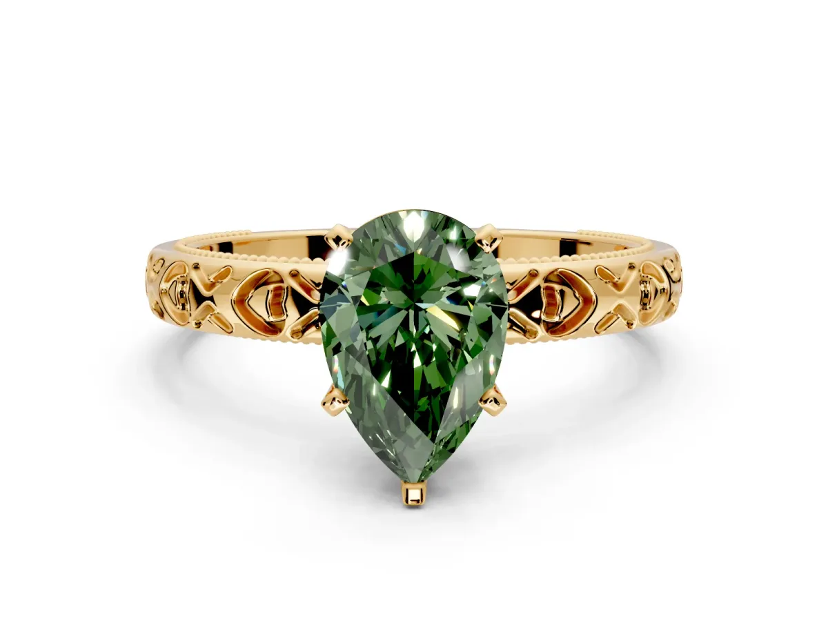 Solitaire Engagement Ring Setting for Fancy Green Pear-Shaped Center with XO Engraved Band and Prong Head in Yellow Gold